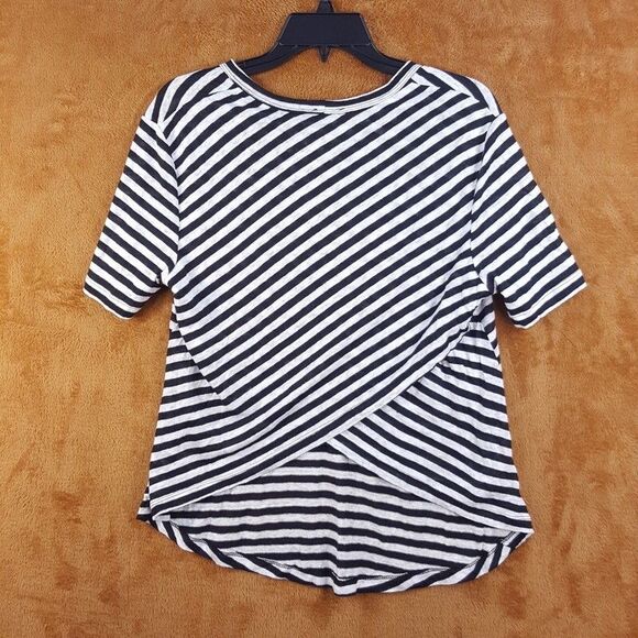 A.L.C. Top Womens Large Black Stripe Pullover Crew Criss Cross Back 100% Linen - Picture 3 of 8